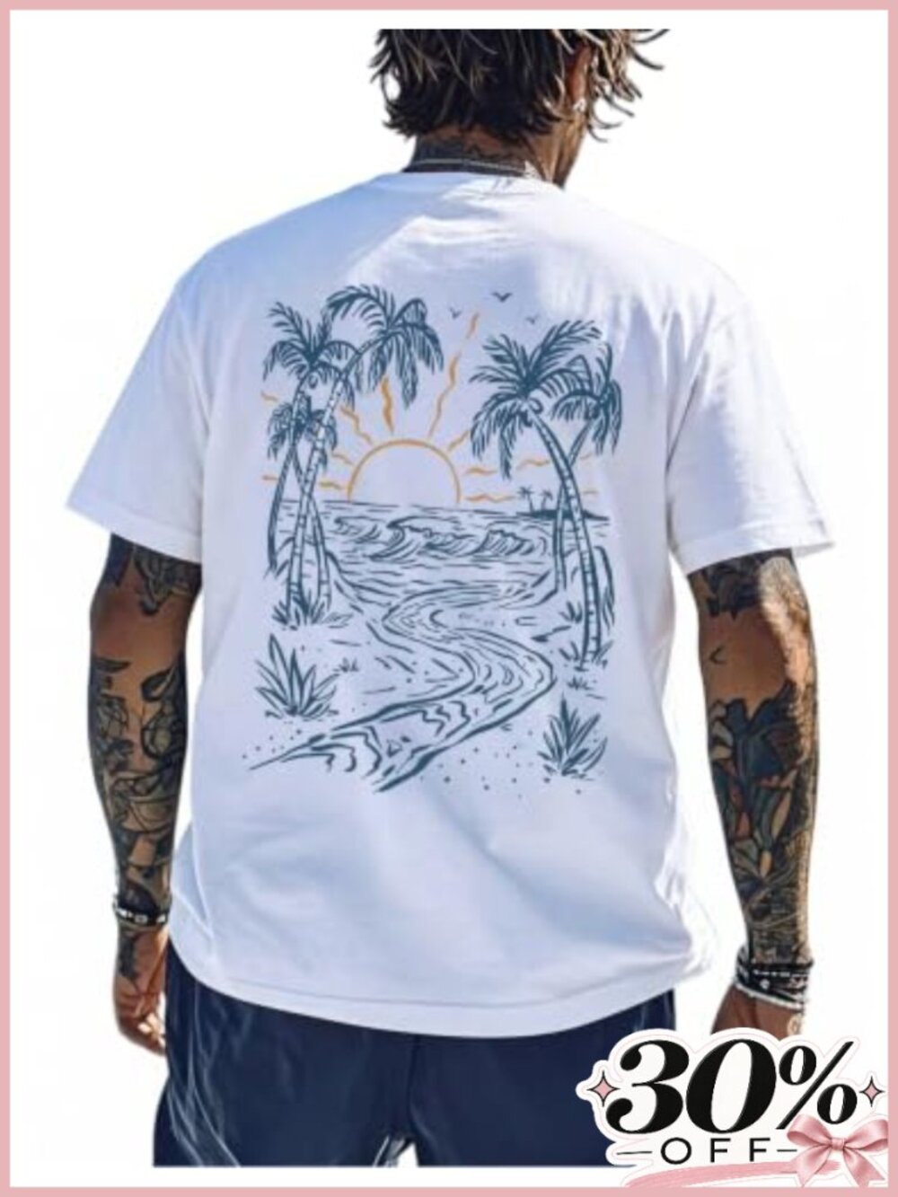 Men's Graphic T-Shirt Tropical Beach Sunset Short Sleeve Crewneck Tee Surf